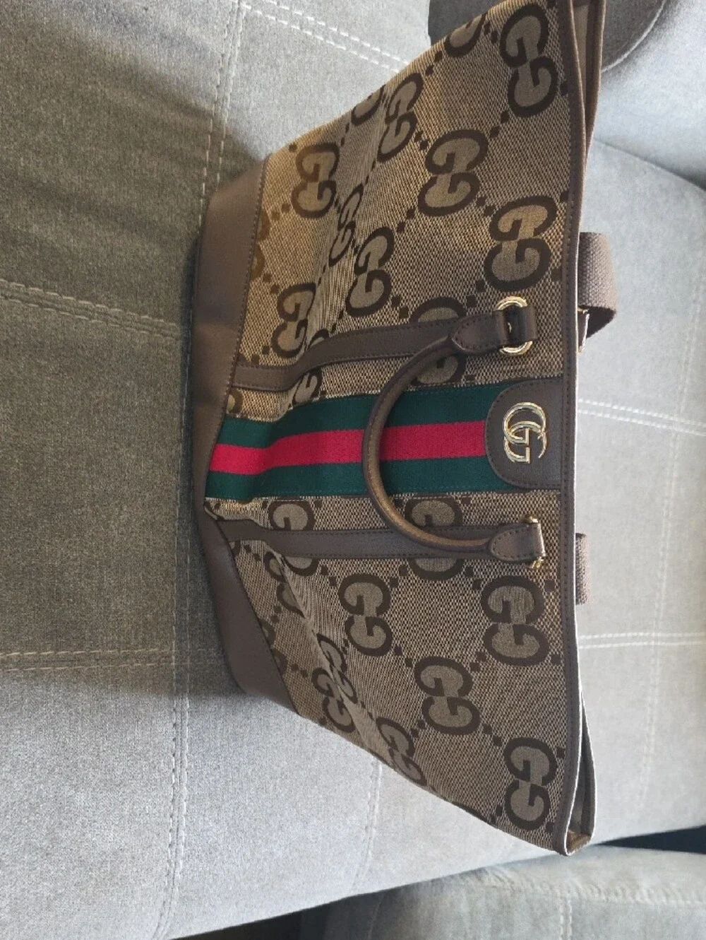 Gucci Brown GG Canvas Tote with Green and Red Web Stripe